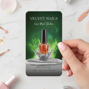 Carte De Visite Artiste Manucure Moderne Ongles Vert Foncé Orange