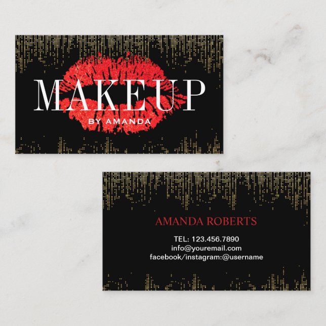 Carte De Visite Artiste maquillage des lèvres rouges Confetti d'or (Devant / Derrière)