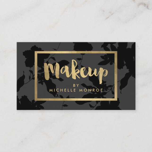 Carte De Visite Artiste maquillage noir floral or (Devant)