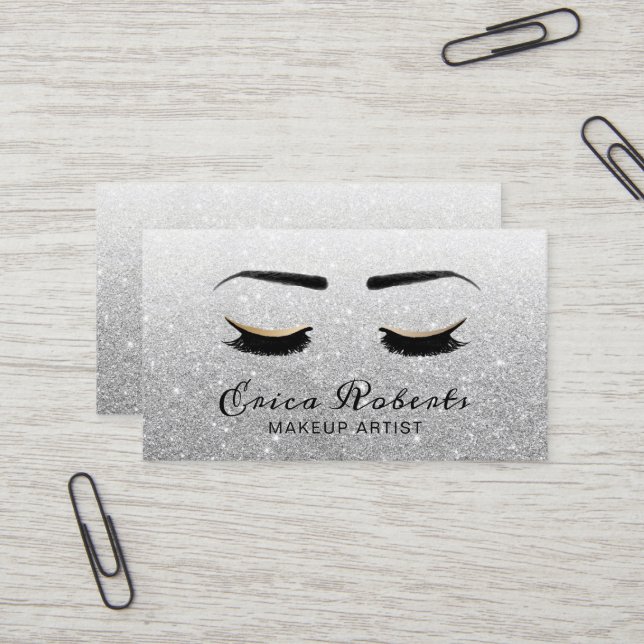 Carte De Visite Artiste maquillage Parties scintillant d'argent mo (Devant/Arrière en situation)