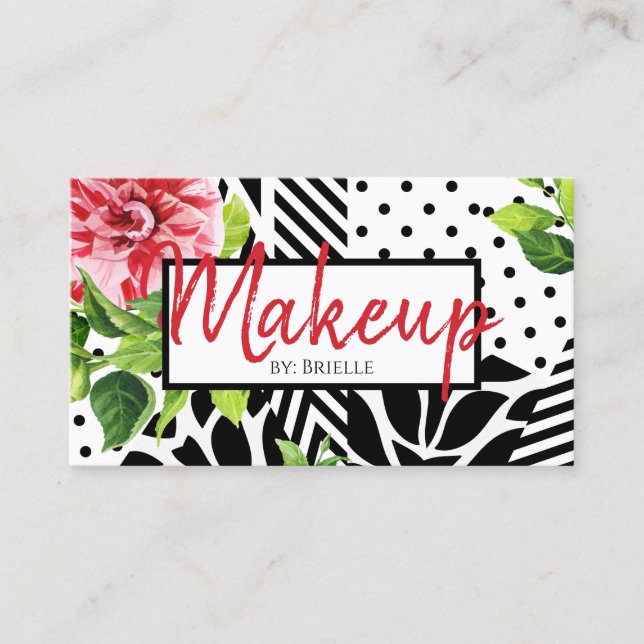 Carte De Visite Artiste maquillage Rouge Floral Noir Blanc Géométr (Devant)