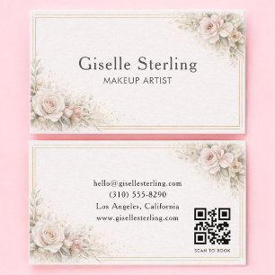 Carte De Visite Artiste Maquilleuse Code QR Floral Neutre Professi