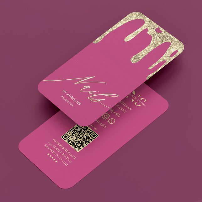 Carte De Visite Artiste Nail Tech moderne Pink Gold Drift (Modern Nail Tech Nail Artist Pink Gold Drip Business Card
)
