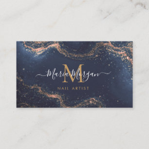 Carte De Visite Artiste Ongles Agate Bleu Marine Or Monogramme