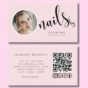 Carte De Visite Artiste Ongles Rose Pâle Photo QR Code Icônes Soci