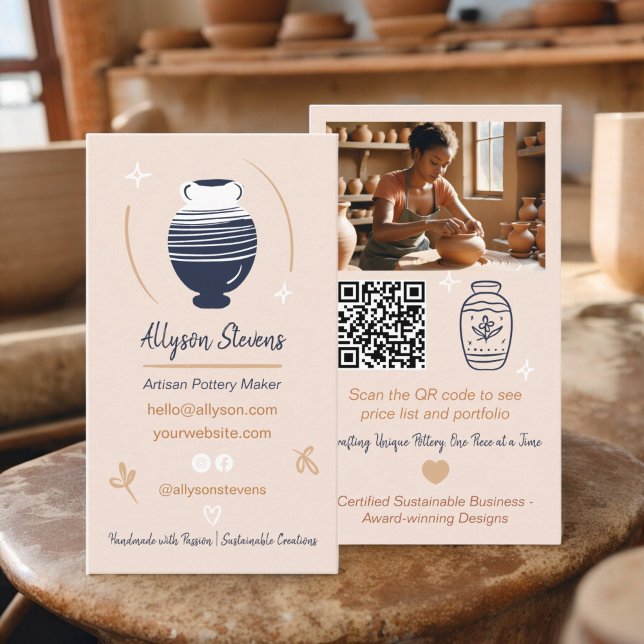 Carte De Visite Artiste Rustique Pottery Maker Artisanat photo cod (Rustic Artisan Pottery Maker Crafts photo qr code Business Card)