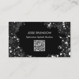 Carte De Visite Artistic Black Abstrait Paint Splatters QR Code