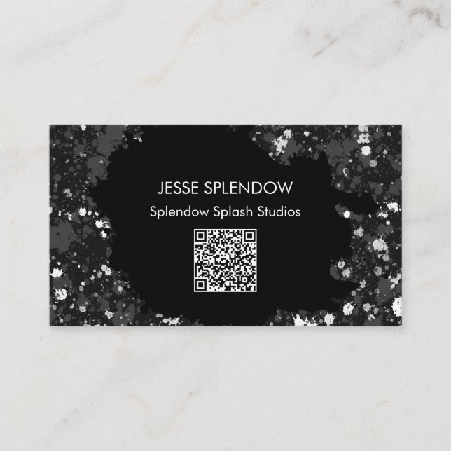 Carte De Visite Artistic Black Abstrait Paint Splatters QR Code (Devant)