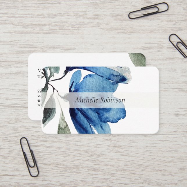 Carte De Visite Artistic Blue Oversize Fleurs Aquarelle (Devant/Arrière en situation)