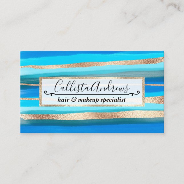 Carte De Visite Artsy Ocean Aqua Bleu Or Abstrait Paint Stripes (Devant)