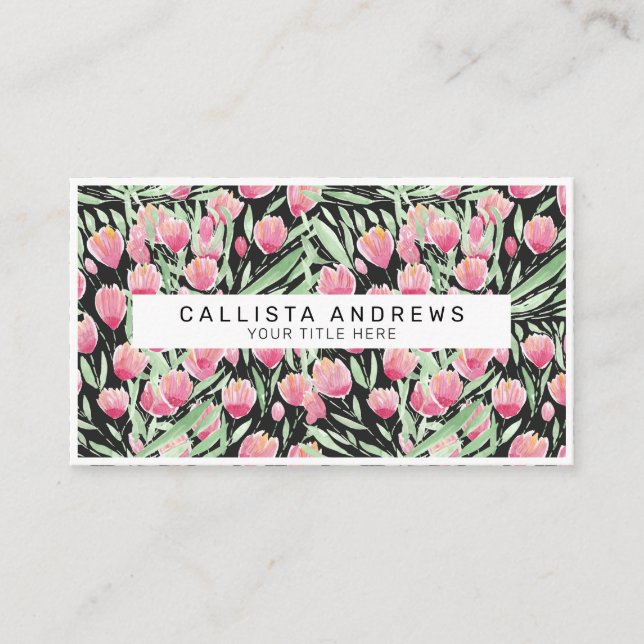 Carte De Visite Artsy rose Tulips Noir Floral Aquarelle (Devant)