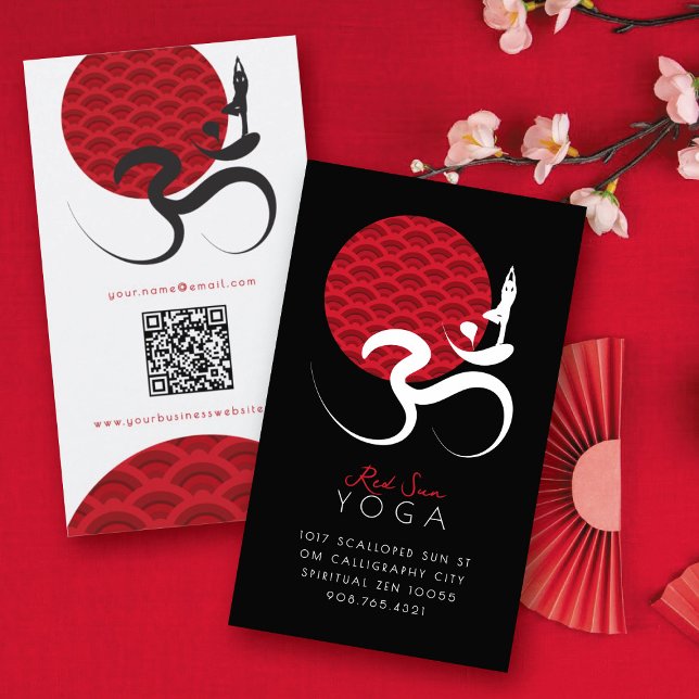 Carte De Visite Asiatique Red Sun Yoga & Moderne Zen Calligraphie  (Red Sun Yoga Spiritual Indian Meditate Om Aum Calligraphy Logo Business Card @ fatfatin)