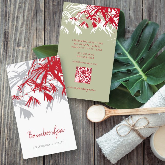 Carte De Visite Asiatique Zen Rouge Bambou Feuille moderne Orienta (Oriental Asian Bamboo Leaves Modern Zen Spa Business Card / Profile Card @ fatfatin_red_knot)