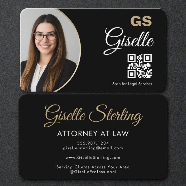Carte De Visite Attorney at Law Black QR Code Gold Photo   (Créateur téléchargé)