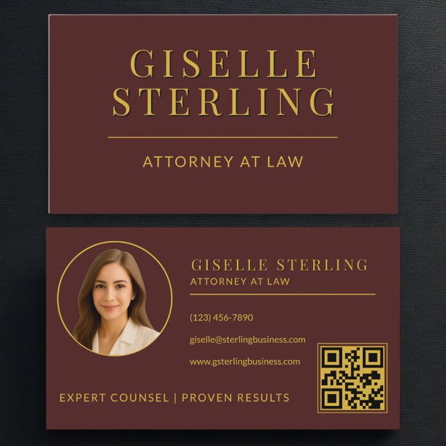 Carte De Visite Attorney at Law Burgundy Gold Photo QR Code (Créateur téléchargé)