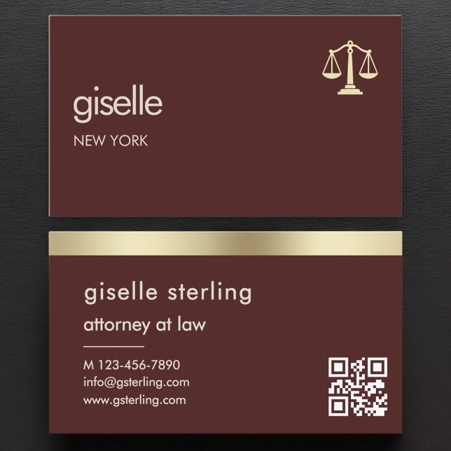 Carte De Visite Attorney at Law Burgundy Gold Scales of Justice  (Créateur téléchargé)