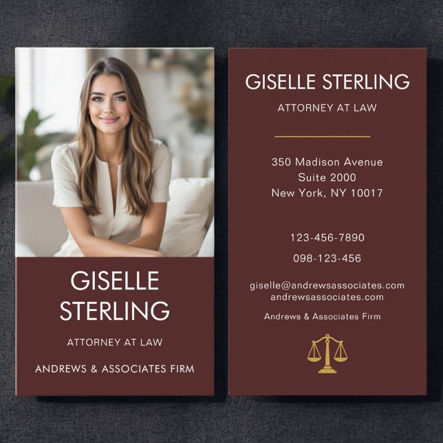 Carte De Visite Attorney at Law Burgundy Professional Photo  (Créateur téléchargé)