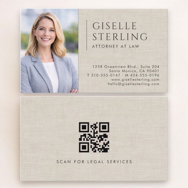Carte De Visite Attorney at Law Linen Photo QR Code (Créateur téléchargé)