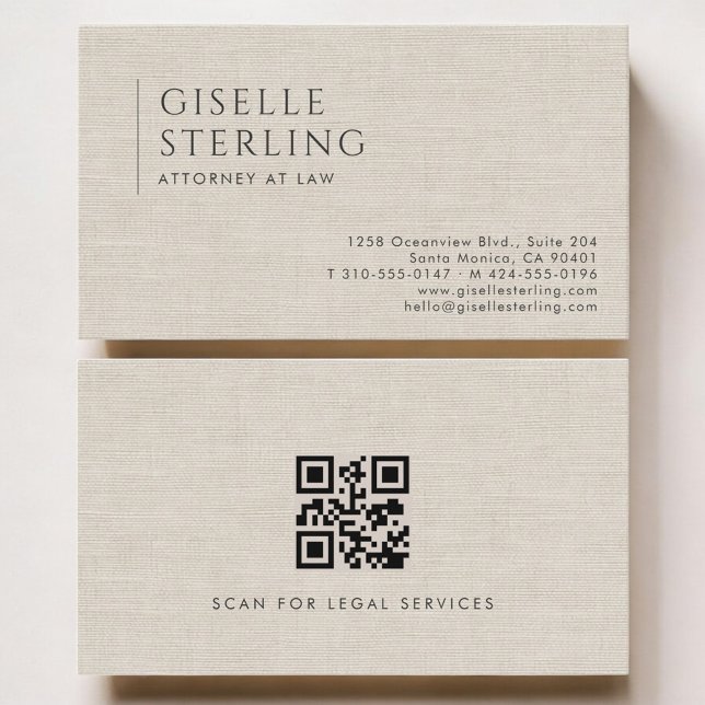 Carte De Visite Attorney at Law Luxury Neutral Linen QR Code (Créateur téléchargé)