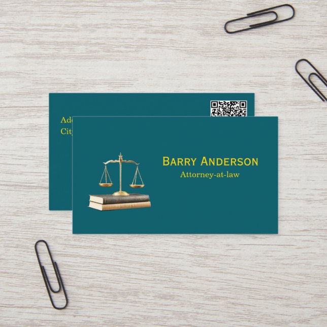 Carte De Visite Attorney Justice Scales & Books with QR code (Devant/Arrière en situation)