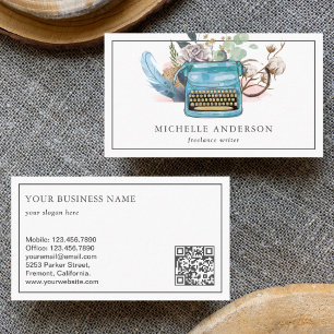 Carte De Visite Auteur de code QR de machine à écrire en bleu vint