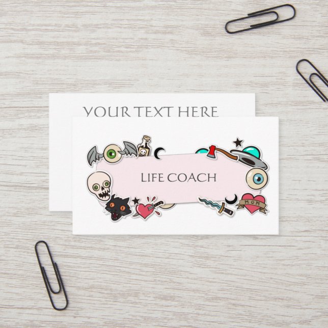 Carte De Visite Autocollants de style tatouage funky    (Devant/Arrière en situation)