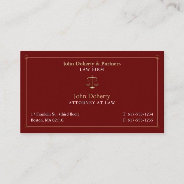 Carte De Visite Avocat de droit | Avocat Dark Red Gold (Devant)