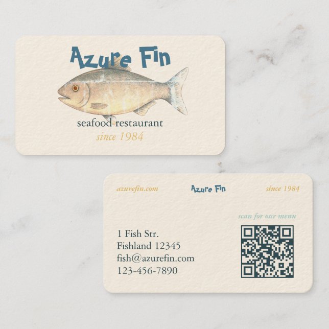 Carte De Visite Azure Fin Classic Fish Restaurant Code QR (Devant / Derrière)