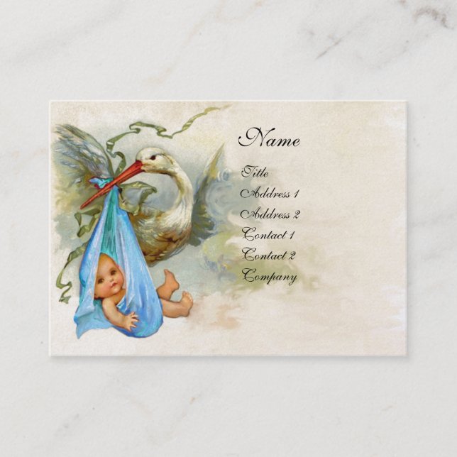 Carte De Visite BABY SHOWER BLEUE STORK Pearl Blanc Shimmer (Devant)