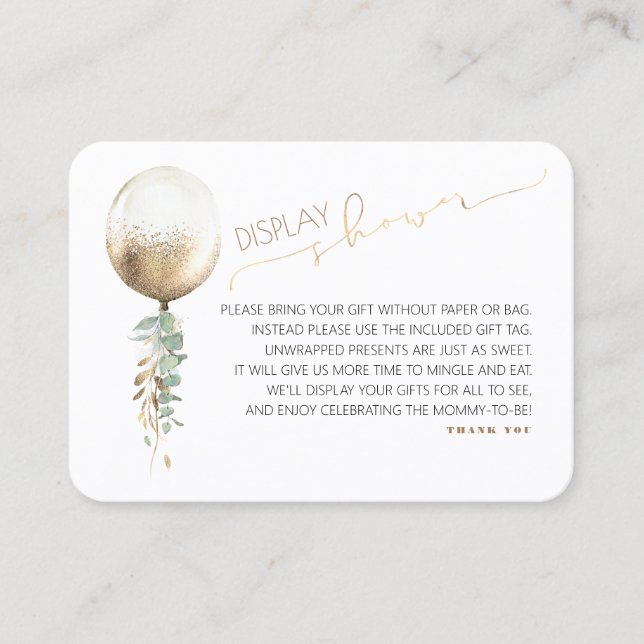 Carte De Visite Baby shower d'affichage -Gold Balloon Greenery Gar (Devant)
