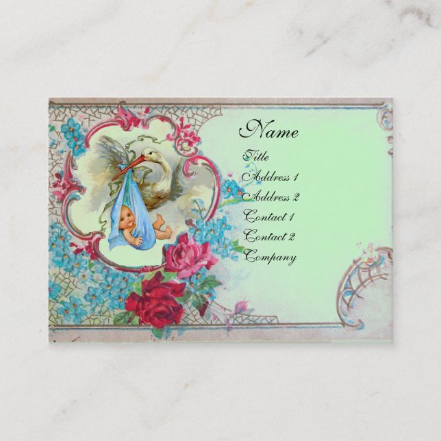 Carte De Visite Baby shower FLEURI AVEC MONOGRAMME ROSE (Devant)