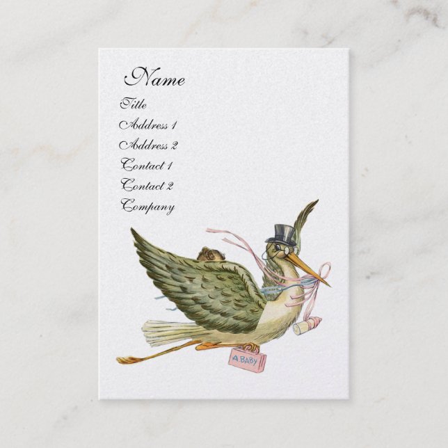 Carte De Visite BABY SHOWER STORK, papier perle blanche rose (Devant)