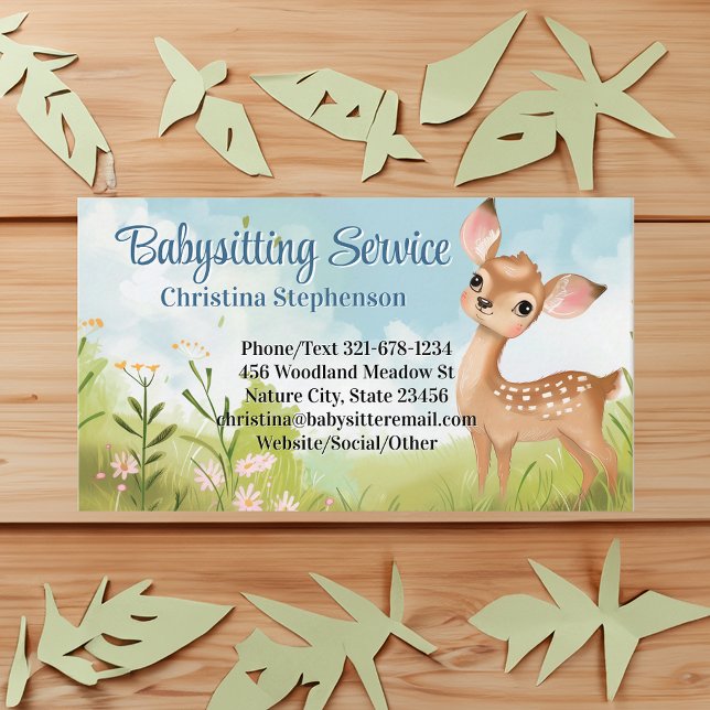 Carte De Visite Babysitter Nanny Garde d'enfant Aquarelle Bébé Cer (baby deer babysitting childcare business card)