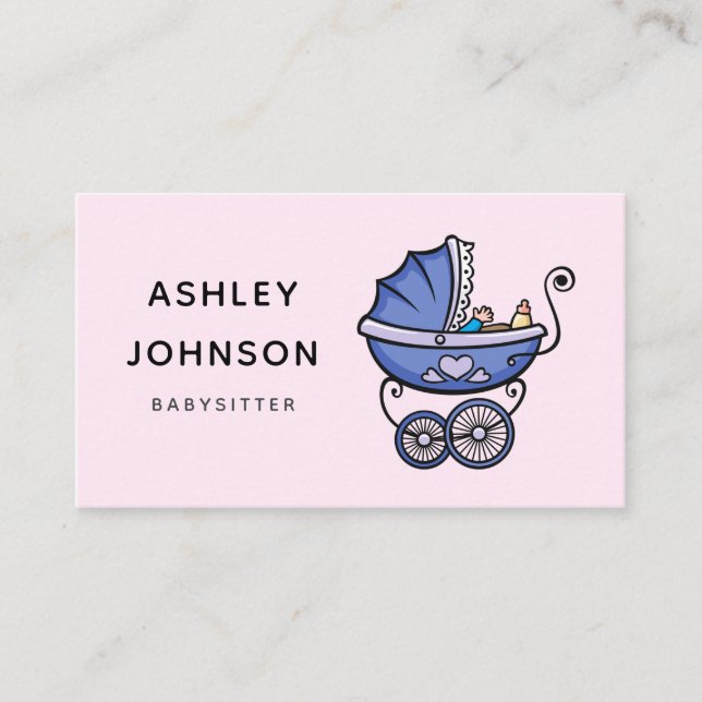 Carte De Visite Babysitter Nanny Soignante Mignonne poussette rose (Devant)