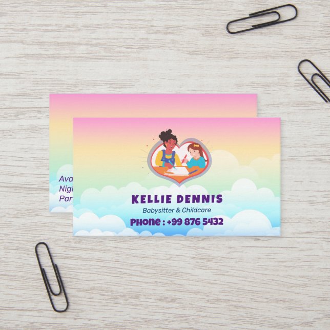 Carte De Visite Babysitter Professionnel | Cute arc-en-ciel (Devant/Arrière en situation)