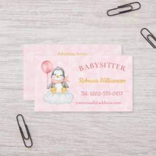 Carte De Visite Babysitter QR Code mignon Penguin rose