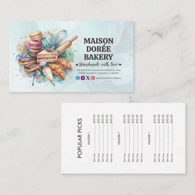 Carte De Visite Bakery Pastry Chef Baking Catering Gold Price List (Devant / Derrière)