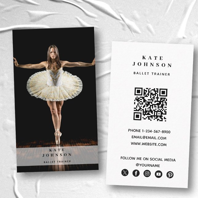 Carte De Visite Ballet Trainer Dancer Photo Médias sociaux QR Code (Ballet Trainer Dancer Photo Social Media QR Code Business Card)