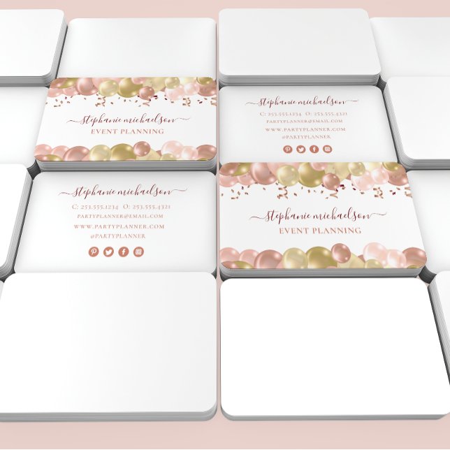 Carte De Visite Ballon or Rose du planificateur de fête (Party Planner Rose Gold Balloon Business Card)