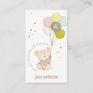 Carte De Visite Balloon Ours Bleu Monogramme Enfants Joueur Appel