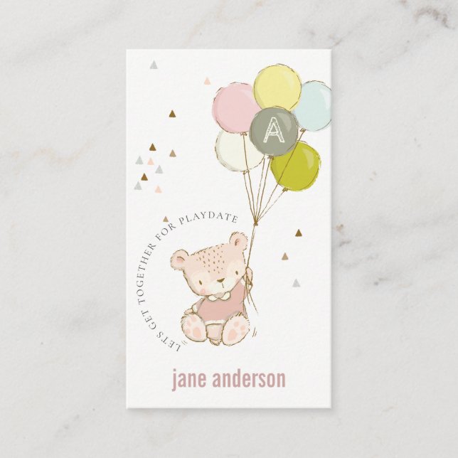 Carte De Visite Balloon Ours Bleu Monogramme Enfants Joueur Appel (Devant)