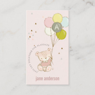 Carte De Visite Balloon Ours Bleu Monogramme Enfants Joueur Appel
