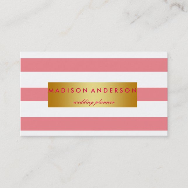 Carte De Visite Bandes chics en or rose et blanc marine (Devant)