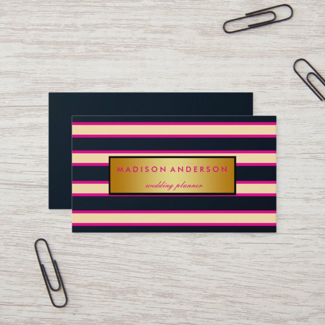 Carte De Visite Bandes chics en or rose et blanc marine (Devant/Arrière en situation)