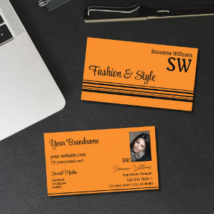 Carte De Visite Bandes noires orange avec Monogramme et photo