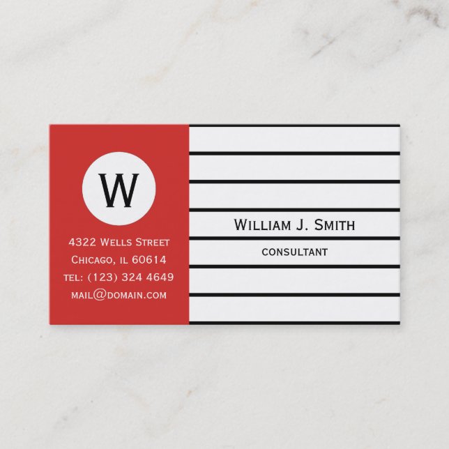 Carte De Visite Bandes Noires Sur Blanc Et Tomate Rouge Monogramme (Devant)
