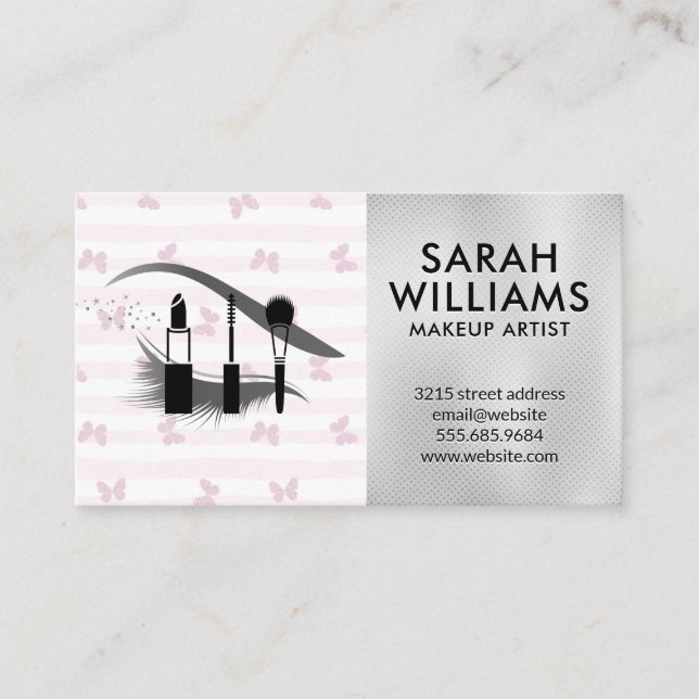 Carte De Visite Bandes roses et papillons | Kit maquillage Eyelash (Devant)