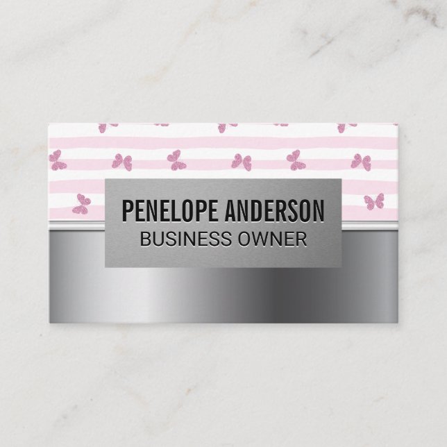 Carte De Visite Bandes roses | Papillons de Parties scintillant |  (Devant)