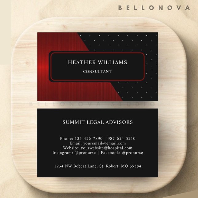 Carte De Visite Bandes rouges personnalisées Noir Blanc Dot Profes (Custom Red Stripes Black White Dot Professional Business Card)