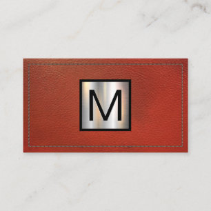 Carte De Visite Bannière métallique monogramme   Cuir rouge pointu